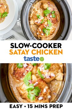 the slow cooker has chicken in it and is ready to be eaten