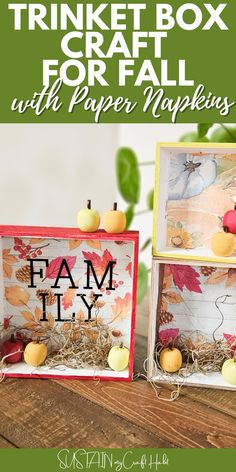 two small boxes with paper pumpkins and apples in them on top of a wooden table