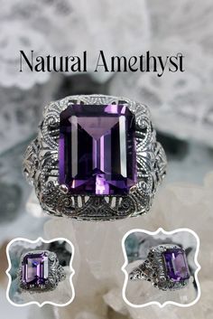 Natural Amethyst Ring/ Solid Sterling Silver/ 5ct Purple Amethyst, Silver Victorian Intricate Filigree [Custom Made] Design#149 Whimsical Ring, Purple Amethyst Ring, Victorian Design, Amethyst Gem, Purple Band, North South, Sterling Silver Filigree, Amethyst Jewelry, Filigree Ring