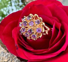 ~ Vintage, 10K Yellow Gold, Amethyst Flower Ring.  Ring Size 7 1/4, The Band Is 7.4mm Wide At The Bottom And 12mm Wide At The Top Of The Band.  The Flower Is 20.6mm Wide And The Amethyst Sit Up 15.8mm Off The Finger. Marked 10K EM. Weighs Approximately 5.8 Grams On My Scale.  In Excellent Condition.  Due To The Unique Nature Of Antiques And Vintage Items, They Are Being Sold As Is.  Please Keep In Mind, That Most Of All Antiques And Vintage Items Will Show Wear And Imperfections Consistent With Amethyst Ring With 17 Jewels For Anniversary, Amethyst Anniversary Ring With 17 Jewels, 14k Stamped Amethyst Ring For Anniversary, Elegant Purple Flower Ring, Elegant Cluster Amethyst Ring, Cluster Amethyst Ring Gift, Cluster Amethyst Ring As A Gift, Elegant Amethyst Cluster Ring, Elegant Purple Cluster Ring For Anniversary