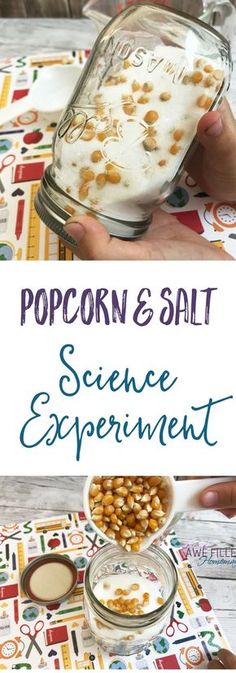 popcorn and salt science experiment in a glass jar on top of a table with spoons