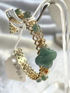 "14K gold plated Lucky Clover Guatemala blue Lucky Clover Jadeite Jade Open End Bracelet Bangle  四叶草翡翠金手镯 Original certification is included.   Approx. Dimension of the center lucky clover: 16.7mm x 13.5mm Maximum size fit of wrist: 50mm in diameter US domestic shipping is Free!  We will ship this item USPS Ground package. Comes with the original certification and a beautiful gift pouch.    Guaranteed A-stock Natural Jadeite Jade. 7-Day after delivery satisfaction return/exchange is in place if you are not satisfied with the item.  Each piece is unique, and it is One and Only！ Do not miss out. HOW TO PLACE AN ORDER： 1. Review and read all information provided in the listing before placing an order. Feel free to message me for any questions you may have. 2. Select the item you are intereste Lucky Clover, Jade Bracelet, Jewelry Lookbook, Beautiful Gift Boxes, Guatemala, Jade, Bangle Bracelets, Cuff Bracelets, Gift Box