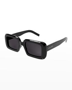 Saint Laurent "Sunrise" rectangle sunglasses in acetate Lens/bridge/temple (in mm): 52-21-145 Solid-color lenses Logo print on temples Wide, tapered arms 100% UVA/UVB protection Made in Italy | Saint Laurent Sunrise Thick Rectangle Acetate Sunglasses Lens Logo, Charlotte Chesnais, Anthony Vaccarello, Black Rectangle, Acetate Sunglasses, Color Lenses, Rectangle Sunglasses, Sunglasses Online, Black Queen