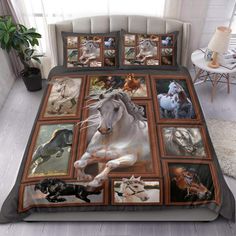 a bed with pictures of horses and dogs on the cover, in a bedroom setting