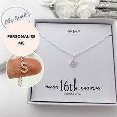 Perfect gift for an 16th Birthday... Sterling silver necklace with a range of chain lengths available and your choice of sterling silver cubic zirconia crystal letter initial. The necklace comes attached to the jewellery card, inside a resealable clear bag and this then fits perfectly inside the   jewellery box.  Option to personalise the jewellery card if you wanted to change the age or add your own little message instead. fill out the personalisation section when ordering if wanting to make an Sterling Silver Charm Necklace For Mother's Day Birthday Gift, Sterling Silver Charm Necklaces For Birthday Gift, Sterling Silver Charm Necklaces For Birthday, Sterling Silver Necklace For Birthday Gift, Sterling Silver Charm Necklace For Birthday And Mother's Day, Sterling Silver Charm Necklaces For Birthday And Mother's Day, Sterling Silver Charm Necklaces For Mother's Day And Birthday, Sterling Silver Charm Necklace For Birthday, Sterling Silver Initials Jewelry For Birthday