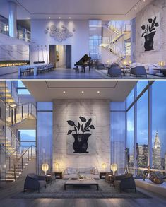 this modern living room has stairs leading up to the second floor and is decorated in white marble