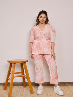 Orange Marble Print Tie Up Cotton Co-Ord Set (Set of 3) by Pheeta now available at Trendroots Orange Marble, Applique Blouse, Big Sleeves, Comfy Pants, Indo Western, Marble Print, Womens Tie, Co Ord Set, Printed Ties