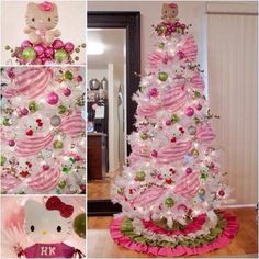 a hello kitty christmas tree decorated with pink and green ornaments is shown in this collage