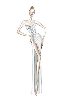 a drawing of a woman in a white dress with high slits on the side