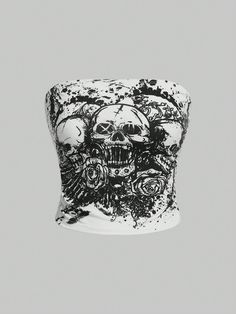 Women's Skull Print Bandeau Top White Casual  Sleeveless Fabric Halloween  Slight Stretch  Women Clothing, size features are:Bust: ,Length: ,Sleeve Length: Skull Outfit, Halloween Plants, Goth Plus Size, New Goth, Goth Tops, Crop Top Y2k, Goth Clothes, Fashion Vest, Girl Punk