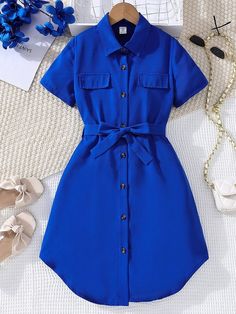 Plain Short Dresses Casual, Kids Styles Dress, Simple Short Dresses Casual, Stylish Short Dresses Casual, Royal Blue Dress Outfit Casual, Teen Dresses Casual, Simple Outfits For Teens, Royal Blue Dress Outfit, Outfits Azul