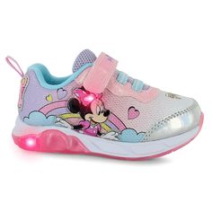 Make every day an adventure with Minnie Mouse-themed play sneakers. They'll love running around in shoes that light up with each step. The convenient strap closure makes them easy to access so they won't waste time getting ready for a day of fun.  synthetic uppercolorful Disney Minnie Mouse character on sideelastic laces and hook-and-loop strap closurepull-tab on heeltranslucent sole pods with lights that flash when you stepdurable and flexible non marking outsole Mini Mouse Shoes For Women, Disney Shoes For Kids, Disney Pink Round Toe Sneakers, Pink Disney Sneakers With Round Toe, Sporty Mickey Mouse Synthetic Sneakers, Pink Minnie Mouse Low-top Sneakers, Minnie Mouse Sneakers With Round Toe In Synthetic, Minnie Mouse Synthetic Sneakers With Round Toe, Minnie Mouse Character