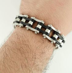 "Item Specifics: #SK1250 3/4\" Wide Two Tone Silver Black Double Link Design Unisex Stainless Steel Motorcycle Chain Bracelet Highest Quality 316L Stainless Steel Jewelry All of our stainless steel jewelry is 316L which is one of the highest grades of stainless steel (the L meaning low carbon). Our 316L stainless steel is the same stainless steel used in surgical medical equipment and is guaranteed never to rust, change color or tarnish. Stainless steel is the most hypoallergenic element known t Motorcycle Chain Bracelet, Bike Chain Bracelet, Motorcycle Chain, Bracelets Design, Link Design, Rose Gold Crystal, Bike Chain, Silver Chain Bracelet, Skull Ring