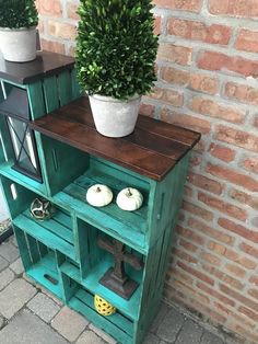 two potted plants sitting on top of a wooden shelf next to a brick wall