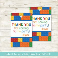 two thank cards with lego blocks on them