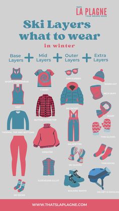 It can be hard to know what you'll actually wear in the mountains, especially if it's your first ski trip. I've created this layering guide to help you keep warm this winter. From sports underwear to the outer salopettes, I've got them all here for you. Happy skiing! Winter Outfits Ski Resort, Packing For Ski Trip What To Wear, Ski Must Haves, What To Wear Skiing Women, Snowboarding Layers, What To Wear In Snow, Snow Clothes Outfits, Ski Trip Outfits For Women, Ski Aesthetic Outfits