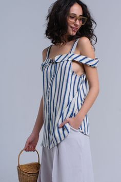 Q2 Cream top with blue stripes Cream Top, Cream Tops, Vertical Stripes, Tea Dress, Large White, Stripes Design, Bra Tops, Blue Stripes, Spring Fashion