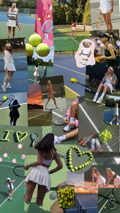 collage of tennis players on the court with their racquets and balls