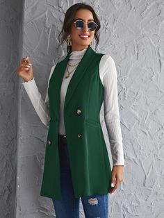 Shawl Collar Double Breasted Vest Blazer | EMERY ROSE Sleeveless Blazer Outfit, Winter Business Outfits, Crochet Dress Pattern Free, Plain Vest, Double Breasted Vest, Blazer Outfits Casual, Sleeveless Blazer, Women Suits, Green Vest