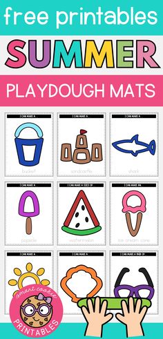 Image shows 9 free printable summer playdough mats featuring a sand bucket, sand castle, shark, popsicle, watermelon slice, ice cream, sum, shell, and a pair of sunglasses. Summer Playdough Mats, Playdough Printables, Summer School Activities, Summer Vocabulary, Summer Activities For Toddlers, Summer At Home, Free Summer Activities, Summer Preschool Activities