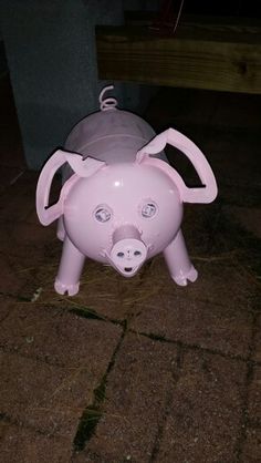 a pink piggy bank sitting on the ground