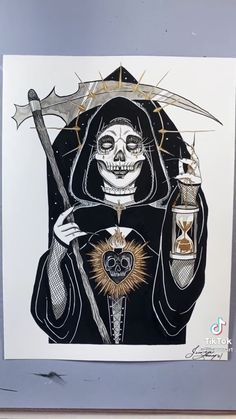 a black and white drawing of a skeleton holding an hourglass in front of her face