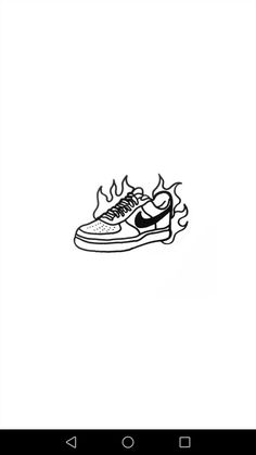 a black and white drawing of a shoe with fire coming out of the soles