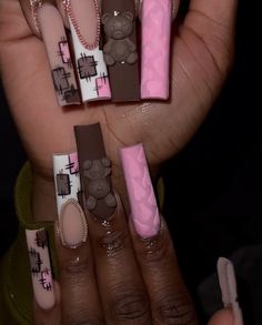 Long Nails For Black Women, Nails Black Girls Acrylic, Brown And Pink Nails Acrylic, Medium Freestyle Nails, Nails Acrylic Black Women, Nail Inspo Black Women, Cartoon Nail Art Designs, Black Girls Nails, Patchwork Nails