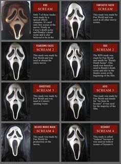 an info sheet showing the different types of scream masks