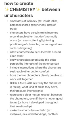 an info sheet with the text how to create chemistry and be between characters in it