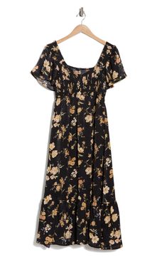 A garden of flowers bloom upon a midi dress fashioned with a sweetheart neckline and short sleeves. 50" length Slips on over head Sweetheart neck Short sleeves Lined 100% polyester Hand wash, dry flat Imported Black Summer Midi Dress With Gathered Neckline, Black Midi Dress With Gathered Neckline For Summer, Casual Short Sleeve Midi Dress With Gathered Neckline, Black Short Sleeve Midi Dress With Smocked Back, Garden Of Flowers, Flowers Bloom, Sweetheart Neck, Sweetheart Neckline, A Garden