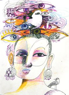 a drawing of a woman's head with many different things on top of it