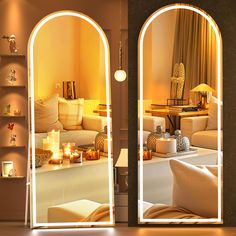 a living room filled with furniture and a large mirror reflecting it's reflection in the wall