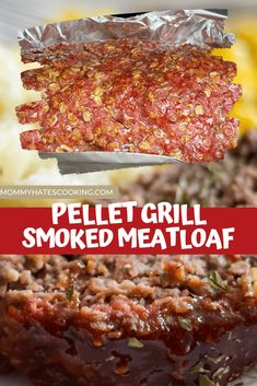 pellet grill smoked meatloaf on a plate with text overlay that reads pellet grill smoked meatloaf