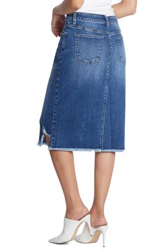 Soft denim with a hint of stretch is crafted into this versatile midi-length skirt finished with a feathery fringed hem. 96% cotton, 3% polyester, 1% spandex Machine wash, tumble dry Imported Straight Leg Skirt With Frayed Hem For Fall, Spring Pencil Skirt With Frayed Hem, Chic Mid-rise Skirt With Frayed Hem, Spring Straight Leg Skirt With Frayed Hem, Spring Straight-leg Skirt With Frayed Hem, Dark Wash Knee-length Bottoms With Frayed Hem, Knee-length Medium Wash Bottoms With Frayed Hem, Knee-length Denim Blue Skirt With Frayed Hem, Fall Medium Wash Skirt With Frayed Hem