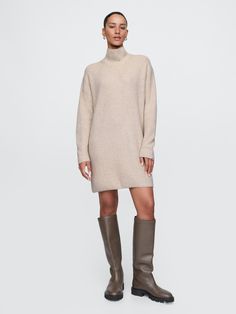 Supersoft cotton-blend mini sweater dress.  Turtleneck.  Long sleeves.  Fit: Over Beige Sweater Dress Outfit, Sweater Dress Boots, Women Sweater Dress, Beige Sweater Dress, Plush Yarn, Sweater Dress Outfit, Mini Sweater, Grey Sweater Dress, Everyday Luxury