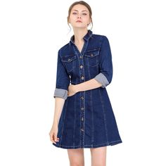 Featuring a point collar, a v-neckline, a button-down, and an A-line silhouette. Wear this denim dress with the sleeves rolled up for a casual chic look. With an A-line shirt shape, it features a v-neck, fake chest pockets, and a button-down design to help create a classic denim dress. Paired with ankle boots or chunky sneakers for a casual look. This denim shirt dress is a good choice for fall or spring. The cotton-blend denim fabric keeps the dress has a refined silhouette and ensures all-day Front Button Dress, Denim Maxi Dress, Womens Denim Dress, Jean Dress, Lined Jeans, Denim Shirt Dress, Denim Button Down, Button Dress, Womens Clothing Sizes