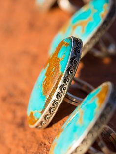 Ultimate rings, Kingman turquoise stones cut in large oval shapes, accented with a heavy hammered shank. Solid sterling and a very unique piece of beautiful American turquoise, in a variety of color. Each ring is one of a kind, but we try to offer green or blue tones, some have a lot of copper matrix, others more clear. You may add comments to your liking, and I will send you the absolute best! We do our best to stock these, and these are all sizable, but I would still love your ring size! Our c Large Turquoise Ring, Bead Rings, Turquoise Jewelry Native American, American Turquoise, Royston Turquoise, Southwestern Jewelry, Southwest Style, Kingman Turquoise, Turquoise Rings