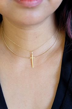 Wear your faith with this elegant cross necklace in a cable chain. - chain available in 16, 18, and 20 inches. Chain length can be customized. - approx. cross size : 10x26mm - 14K solid yellow gold Sustainably handmade in Los Angeles Minimalist Tarnish-resistant Yellow Gold Cross Necklace, Gold-plated Cross Necklace With Adjustable Chain, 14k Gold Tarnish-resistant Cross Pendant Necklace, 14k Gold-filled Gold Cross Pendant Necklace, Elegant 14k Gold-filled Cross Pendant Necklace, Original Necklace, 16 Inch Necklace, Gold Cross Necklace, Rancho Cucamonga