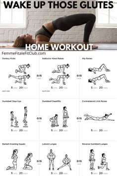 a woman doing yoga poses with the text wake up those glutes home workout