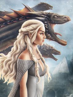 a painting of a woman and a dragon