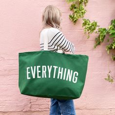 The only tote bag you'll ever need! Our REALLY big bags are REALLY useful. The perfect oversized canvas tote for family days out, weekends away and your big shop. Actually they are pretty handy for everything! Our 'Everything' bag has been made from thick forest green canvas, screen printed by hand big and bold. Designed in our studio in Saffron Walden and lovingly handmade in the UK using exceptionally fine materials. Complimentary handwritten gift notes available! Please note, our canvas is dyed in batches. Due to this process colours may vary slightly from those shown on screen. Made in the UK 15oz thick green canvas Deep flat base Screen printed in off-white Mid-length handles 730mm by 440mm by 170mm (28¾ by 17½ by 6¾ inches) Thick Forest, Extra Large Tote Bags, Canvas Grocery Bag, Saffron Walden, Mum Life, Printed Canvas Tote Bag, Sac Week End, Pink Canvas, Family Days Out