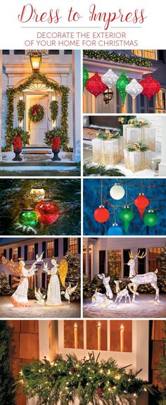 christmas decorations and presents are displayed in front of a house with the words, dress to surprise