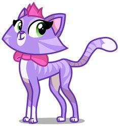 a purple cat with green eyes and a pink bow around its neck, standing in front of