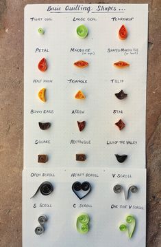 a sheet of paper with different types of buttons and shapes on it's side