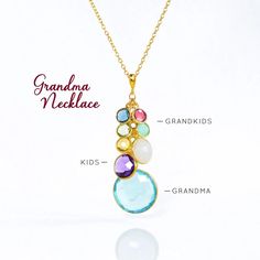 Delight Grandma with a stunning and sentimental Grandmother's Birthstone Necklace, perfect for showcasing her beloved family. This custom three-generation pendant features small gemstones for grandchildren, medium gemstones for her children, and a large gemstone at the bottom representing herself. Each necklace is made to order with meticulous care and love, making it a truly special and thoughtful gift. Celebrate family bonds and create lasting memories with this beautifully crafted piece, designed to honor every generation. ** Please contact me if you need gemstone options you do not see in the drop down menu. We can accommodate any size family. ** Gemstones are 6mm, 10mm, and 18mm. Please select the number of tiny and medium stones you need from the menus and let me know your order deta Grandma Necklace Birthstone, Grandmother Jewelry, Cascade Necklace, Grandma Necklace, Meaningful Necklace, Family Tree Necklace, Family Necklace, Mothers Necklace, Tree Necklace