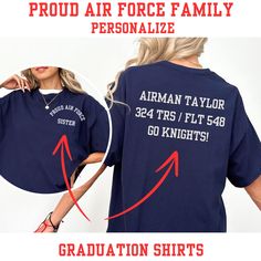 Air Force Graduation shirt. Looking for a t shirt for an Air Force MOM or DAD or ANY Family member or friend? Family shirts for the Air Force Family are a gift for the 4th of July or any time of year. Our Air Force t shirt can be customized for your entire family! Our Air Force shirts make great gifts for Air force BMT graduation. Looking for a t shirt for an Air Force Graduation / BMT Graduation shirt for your family?  ⭐️INTERESTED IN OTHER AIR FORCE PRODUCTS? VISIT HERE⭐️ https://www.etsy.com/ Customizable Short Sleeve College Shirt, Airforce Bmt, Airforce Moms, Airforce Shirts Ideas, Air Force Bmt Graduation Shirts, Air Force Retirement Shirt, Air Force Mom Shirt, Air Force Graduation, Air Force Families