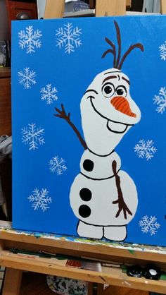 a painting of a snowman on a blue background