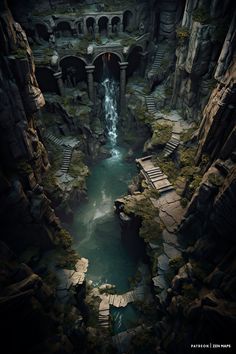 an aerial view of a waterfall in a cave