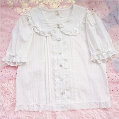 Sweet Peter Pan Collar Lolita Blouse Infanta Peter Pan Collar Short Sleeves Lolita Blouse Ruffle Lace Trim Japanese Girls Lolita Shirts #lolitashirt #lolitablouse #peterpan #peterpancollar #whiteblouse #japaneseblouse Peter Pan Blouse, Trendy Crop Tops, Maxi Dresses Fall, Japanese Kawaii, Velvet Midi Dress, Fall Winter Dresses, Fashion White, Cowl Neck Dress, Lace Bows